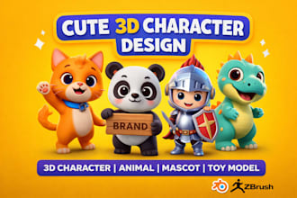 design cute 3d character, animal, mascot, and toy model using blender and zbrush