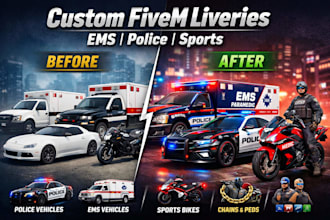 design custom livery for fivem ems police sports vehicles bikes, chain, ped