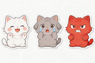 create 3 cute kawaii stickers in chibi style