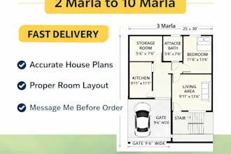 design professional 2d house floor plan for 3, 5, 10 marla houses