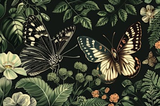 illustrate botanical and animal linocut vector illustration
