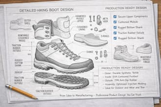 design shoe, footwear, sneakers, tech pack heels, hiking boots for manufacturing