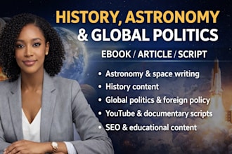 write engaging space astronomy, history and global politics scripts and articles
