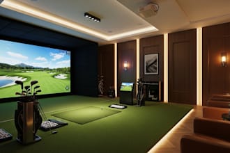 design a 3d badminton court, golf simulator, sports arena and indoor golf system