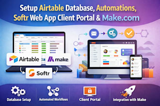 setup airtable database, automations, softr webap client portal and make com