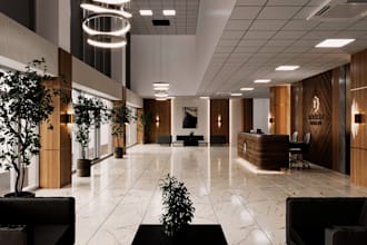 create realistic 3d lobby design for hotel, office or building design