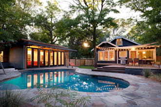 design modern swimming pool, pool patio garden and outdoor 3d landscape