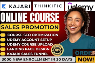 kajabi online course promotion, teachable course enrollment, course SEO sales