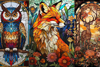 design stained glass art illustration, mosaic logo for windows book cover design