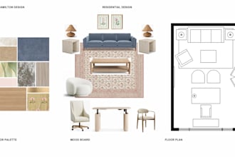 create interior mood board, shopping list, floor plan