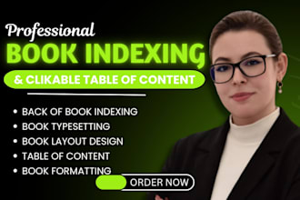 create a back of book indexing, glossary, table of contents, reference