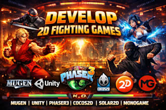 develop 2d fighting game in mugen, unity, phaser3, cocos2d, solar2d, monogame