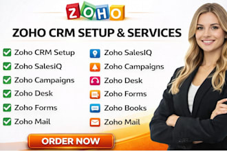 zoho crm setup, zoho salesiq, zoho campaigns, zoho desk, form, books, and mail