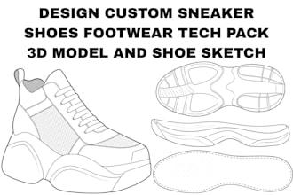 design custom sneaker shoes footwear tech pack 3d model and shoe sketch