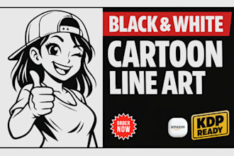 draw black and white cartoon character line art for kdp children books