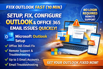 setup, fix, configure microsoft outlook office365, email issue quickly remotely