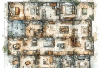 draw building and interior floor plans in watercolor