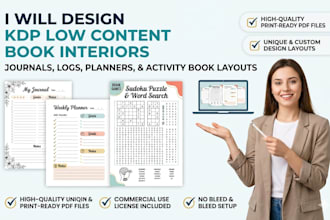 design a KDP low content book interior, journal, or activity book layout
