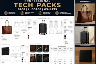 design professional production ready tech packs for bags luggage and wallets
