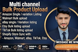 upload bulk product, amazon, shopify, walmart, etsy, and ebay, sync via shopify