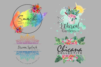 design unique watercolor boho, botanical, hand drawn feminine logo