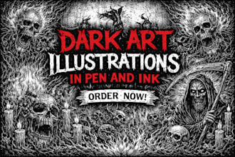 create dark pen and ink illustration, horror art and occult artwork