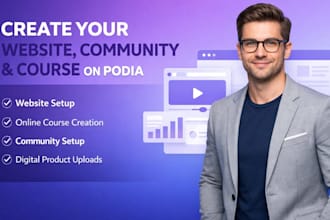 create, setup your website, community, course products, online course on podia