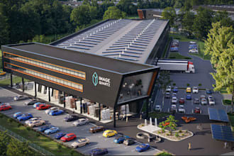 design 3d warehouse exterior, factory, industrial facilities, layout, 3d renders