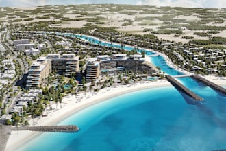 revamping 3d private beaches,residential complex,aerial render,waterfront living