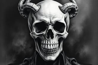 draw detailed dark art, horror, skull, fantasy illustration