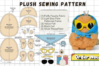 design detailed custom sewing pattern for cute plush toy stuffed animal template