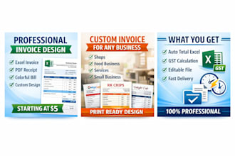 design professional colorful invoice in excel or pdf