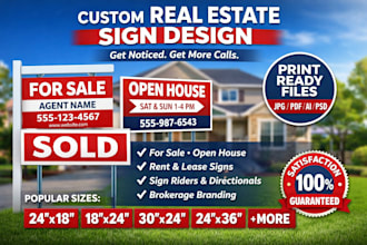 real estate sign design for sale sold rent open house and property listings