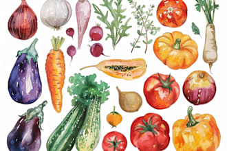 draw watercolor plants, vegetables, fruits