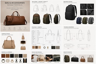 design full tech pack for bag, tote bag, backpack, wallet, duffle bag
