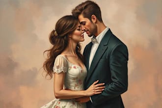 paint a romantic couple portrait in unique style