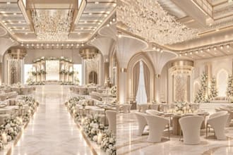 design 3d event center, wedding hall, party venue and gala events with lighting