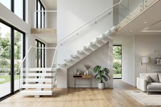 design modern staircase, floating or spiral staircase with realistic 3d render