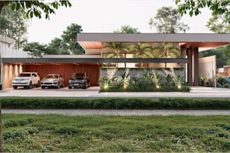 transform home garage to gym,facade house design,landscape area,realistic render