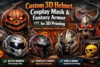 design custom 3d helmet, cosplay mask, fantasy armor stl for 3d printing