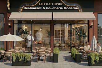 remodel 3d restaurant interior,butcher shop render,bakery kitchen,outdoor dining