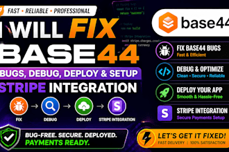 fix base44 bugs, debug, deploy and setup base44 stripe integration