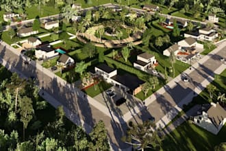 render 3d residential complex,cgi farmhouse courtyard,rural property walkthrough