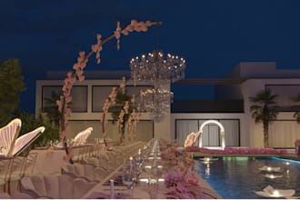 create 3d realistic outdoor wedding ceremony decoration design