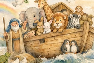 illustrate a whimsical watercolor christian children storybook or bible story