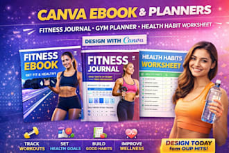 create canva ebook, fitness journal, gym planner and health habit worksheet