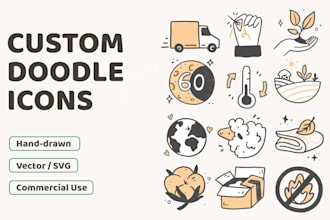 do custom hand drawn icons, doodle for website, app, brand