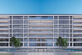 3d modelling and render concrete exterior,multi storey building,glass