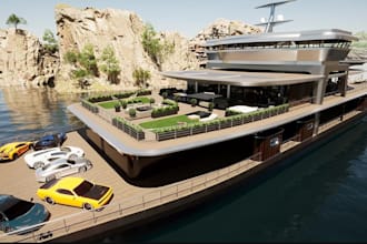 render 3d modern superyacht lounge,outdoor movie theater,cgi floating restaurant
