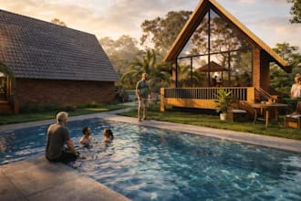 develop 3d cabin resort,outdoor recreation,playground render,cgi house exterior